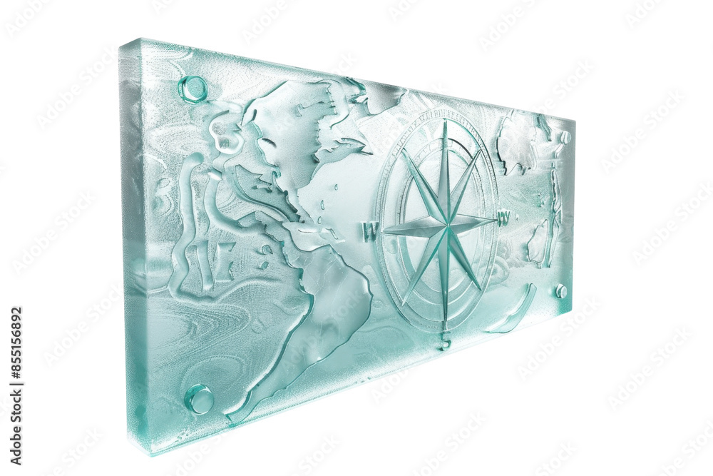 Abstract glass world map with compass. Transparent 3D art piece with detailed engraving of continents and compass rose. Abstract glass world map with compass. Transparent 3D art piece with detailed engraving of continents and compass rose.