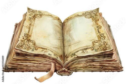 Ancient open book with ornate decor and empty pages, inviting imagination and creativity from the past into the present. photo