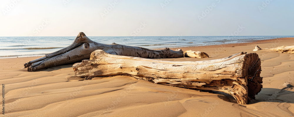 Beach background with large, smooth driftwood logs scattered across the sand.