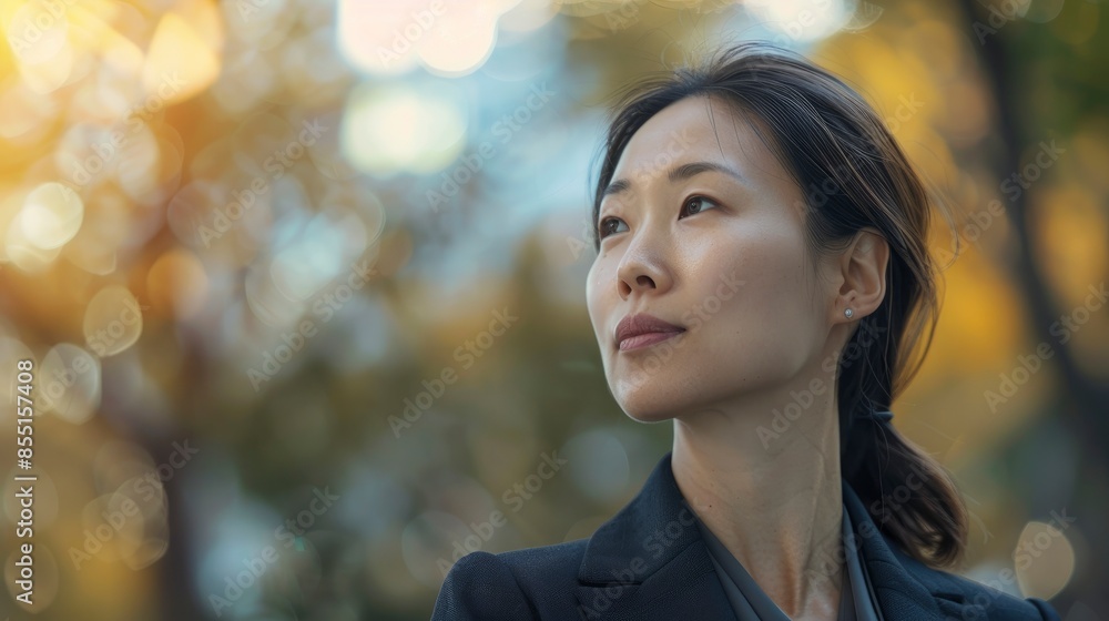 An Asian Businesswoman Looking Away Outdoors, Lost In Thought An Asian Businesswoman Looking Away Outdoors, Lost In Thought