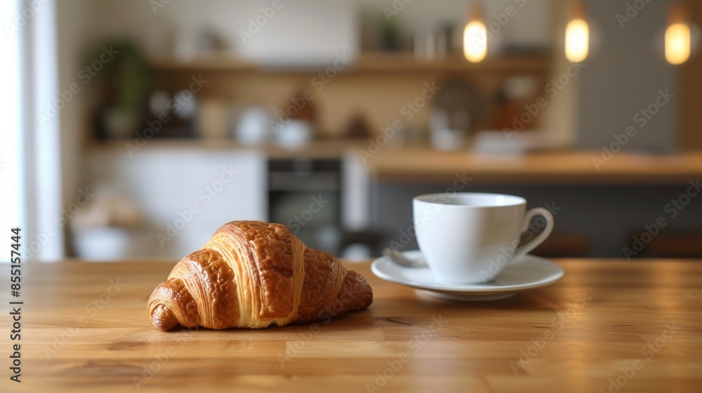 Fresh croissants and cups of tea in a basket within a modern kitchen interior Fresh croissants and cups of tea in a basket within a modern kitchen interior