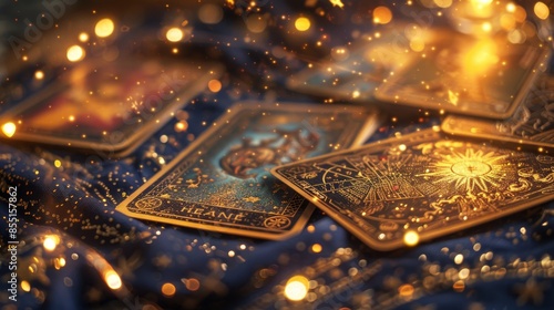 Mystical scene with gold tarot cards on the table