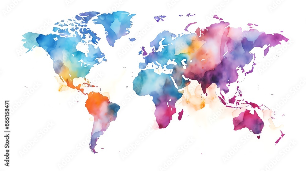 Fototapeta premium Watercolor painting of the world map with colorful abstract shapes.