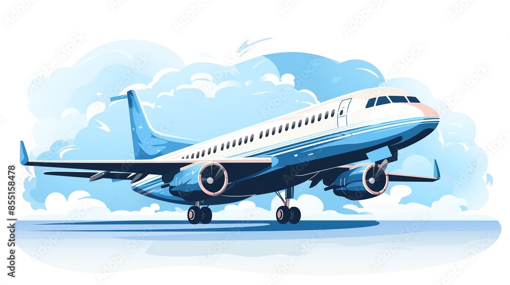 Airplane taking off, blue sky, white clouds. Airplane taking off, blue sky, white clouds.