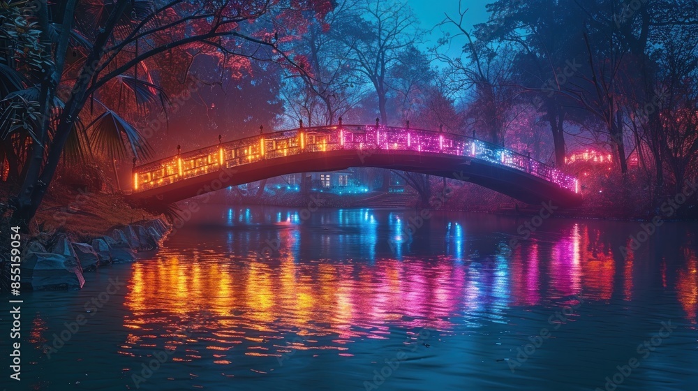 Obraz premium Illuminated Bridge Over a Serene Lake
