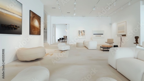 A sleek and modern lounge space featuring a white canvas backdrop, Showcasing curated minimalist furnishings with artistic flair, Contemporary gallery-style design