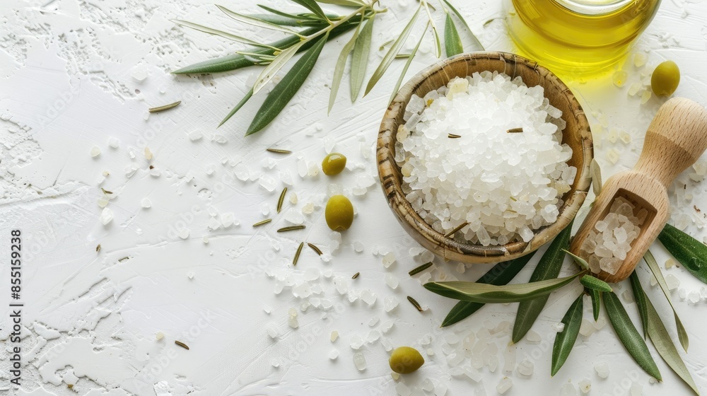 Sea salt with olive extract for beauty concept on white background Close up view with space for text Sea salt with olive extract for beauty concept on white background Close up view with space for text
