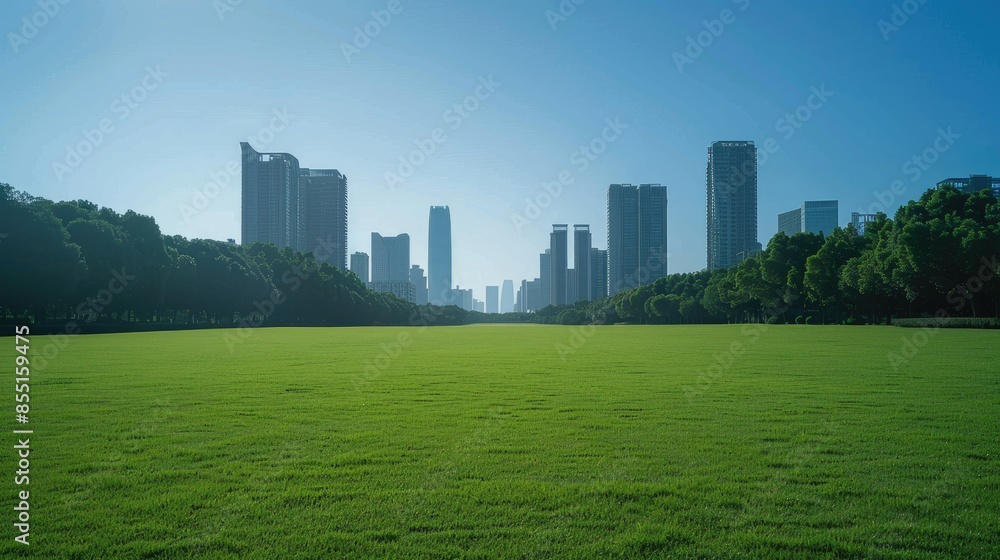 a green grass field in the park, with the city skyline in the background, under a clear blue sky on a summer day, using a wide-angle lens to emphasize the vastness of the scene. a green grass field in the park, with the city skyline in the background, under a clear blue sky on a summer day, using a wide-angle lens to emphasize the vastness of the scene.