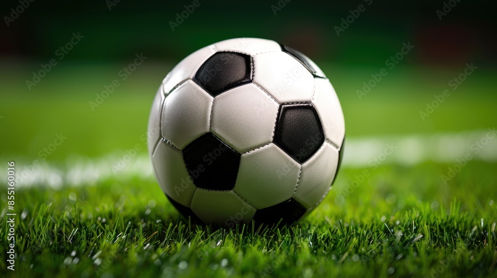 Fototapeta premium Close-up of a soccer ball on green grass in a stadium. Perfect for sport, fitness, and game-related content.