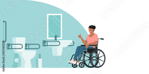 Happy disabled woman and an accessible bathroom