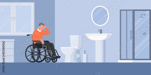 Disappointed senior man in a wheelchair and inaccessible toilet