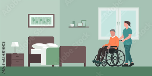 Senior man in a wheelchair and caregiver