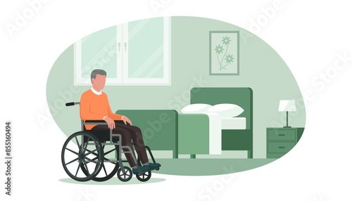 Senior man in a wheelchair and bedroom interior