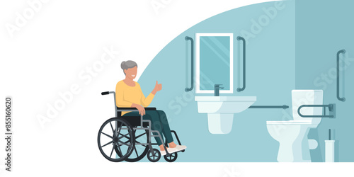 Happy disabled woman and an accessible bathroom