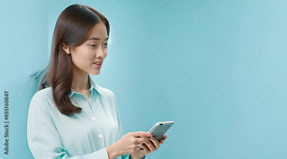 Young beautiful asian woman with smart casual cloth use smartphone isolated on blue background Young beautiful asian woman with smart casual cloth use smartphone isolated on blue background