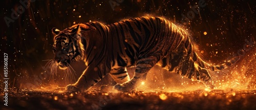The powerful silhouette of a tiger, its stripes glowing with fierce, radiant energy. © 2D_Jungle