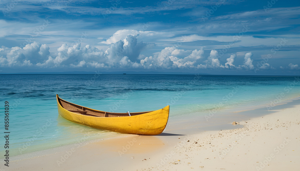 Canoe on the tropical sandy beach. Beautiful summer landscape of tropical island with boat in ocean Canoe on the tropical sandy beach. Beautiful summer landscape of tropical island with boat in ocean