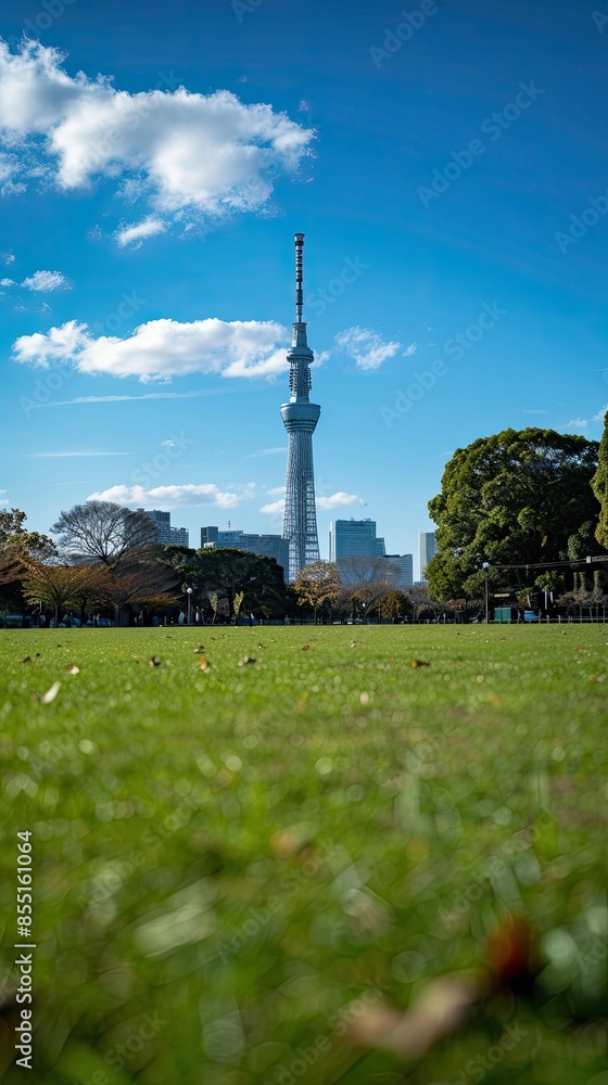 Naklejka premium a green grass field in the park, with the city skyline in the background, under a clear blue sky on a summer day, using a wide-angle lens to emphasize the vastness of the scene.