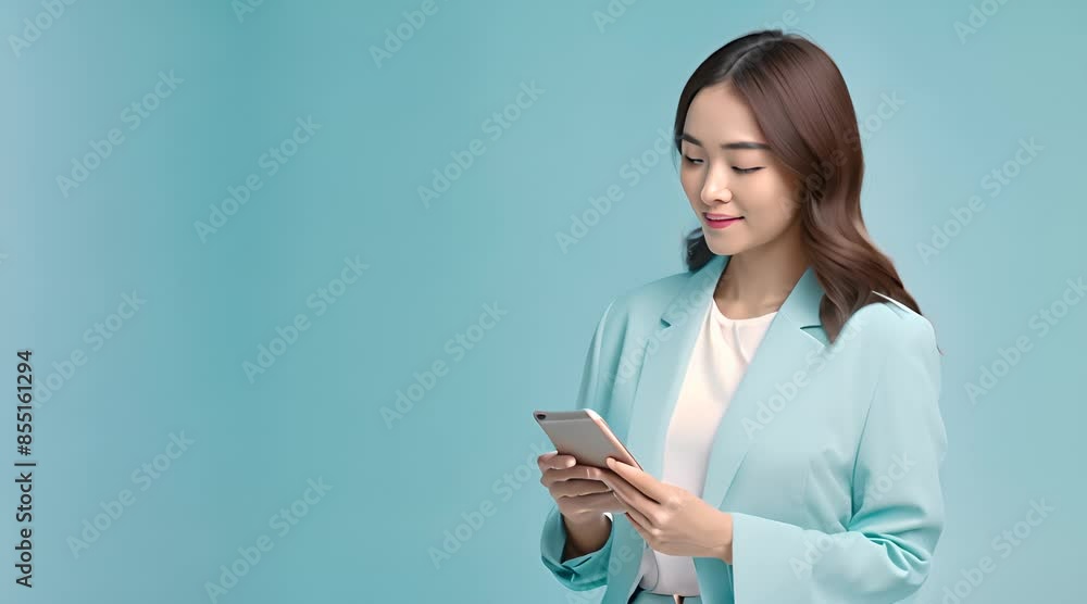 Young beautiful asian woman with smart casual cloth use smartphone isolated on blue background Young beautiful asian woman with smart casual cloth use smartphone isolated on blue background