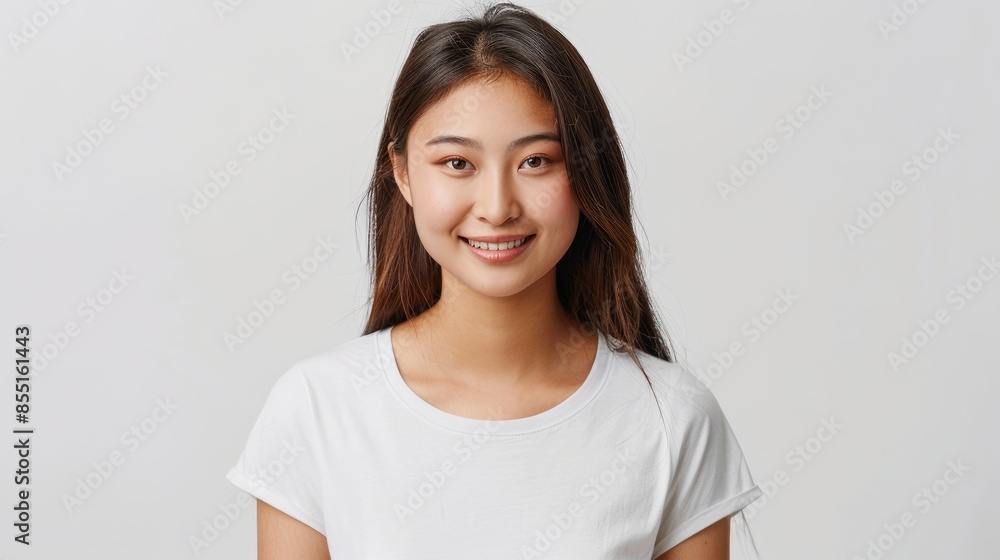 A Studio Shot Of A Cheerful, Beautiful Asian Woman In A White T-Shirt, Standing Against A White Background A Studio Shot Of A Cheerful, Beautiful Asian Woman In A White T-Shirt, Standing Against A White Background