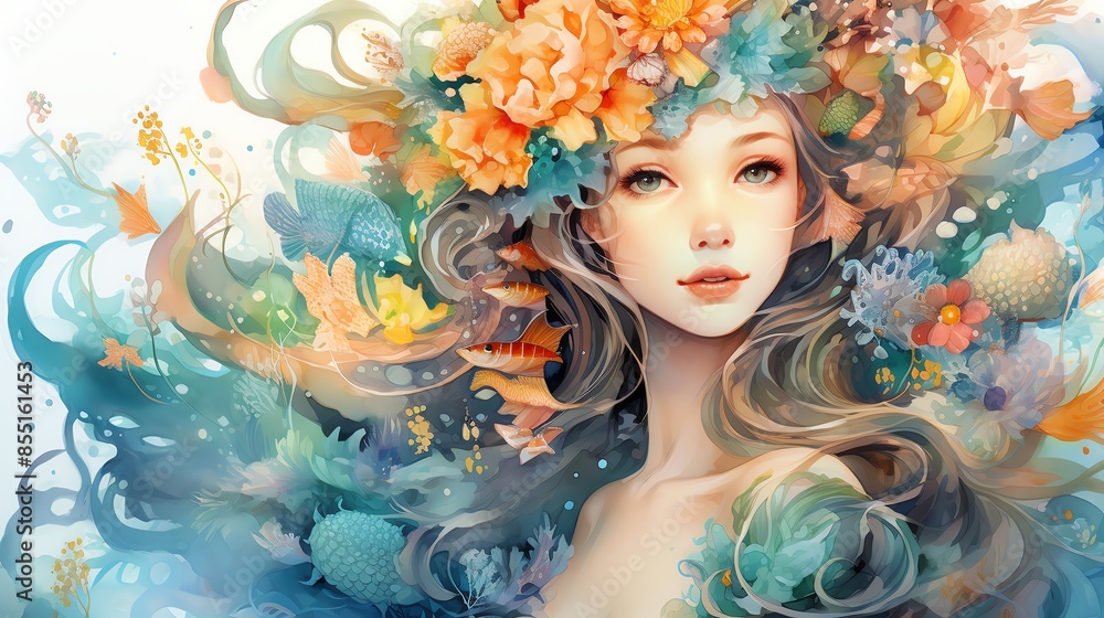 Watercolor illustration of a beautiful woman with flowers in her hair. Watercolor illustration of a beautiful woman with flowers in her hair.