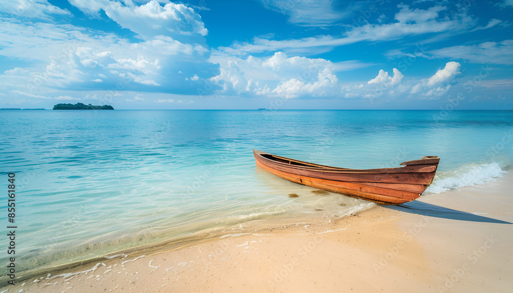 Canoe on the tropical sandy beach. Beautiful summer landscape of tropical island with boat in ocean Canoe on the tropical sandy beach. Beautiful summer landscape of tropical island with boat in ocean