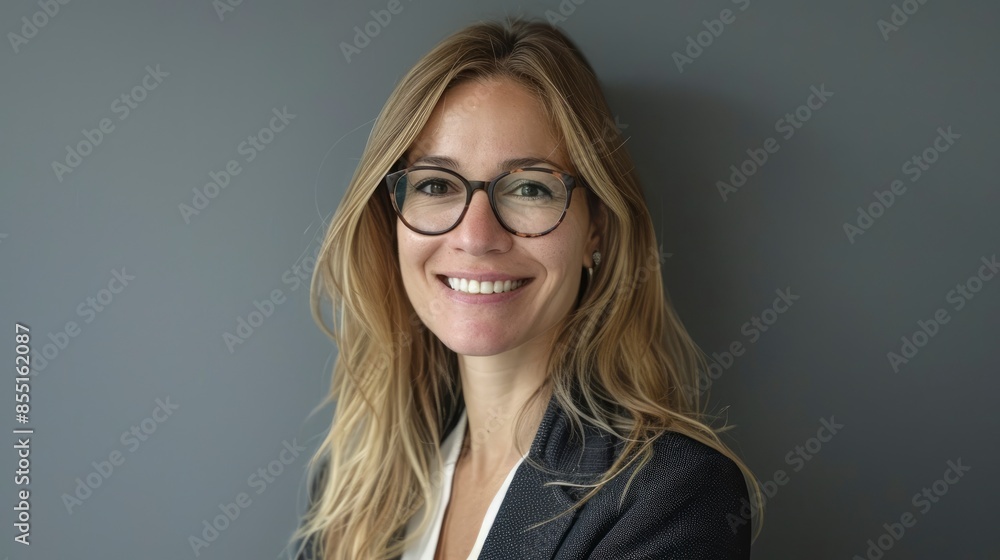 Fototapeta premium A Successful, Smiling Woman Wearing Eyeglasses Against A Grey Wall
