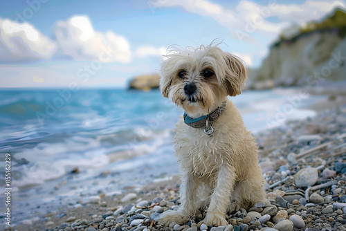 White fluffy dog relaxing on a sunny beach ,lovely and funny dog with curiosity expression , Copy space, Isolated blurred background