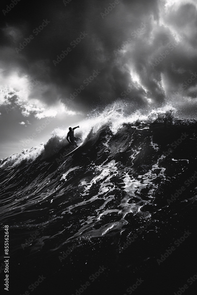 Black and White Photograph of Surfer Mid-Ride on Wave, Showcasing Dynamic Interaction Between Surfer and Water, Intense Surfing Scene Black and White Photograph of Surfer Mid-Ride on Wave, Showcasing Dynamic Interaction Between Surfer and Water, Intense Surfing Scene