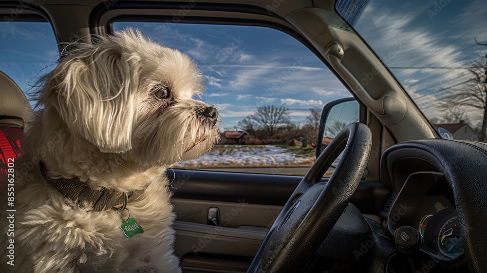 a small white dog sitting in the passenger seat of an SUV, with its head sticking outside the car door, gazing out the window, and the rear-view mirror visible on the side. a small white dog sitting in the passenger seat of an SUV, with its head sticking outside the car door, gazing out the window, and the rear-view mirror visible on the side.
