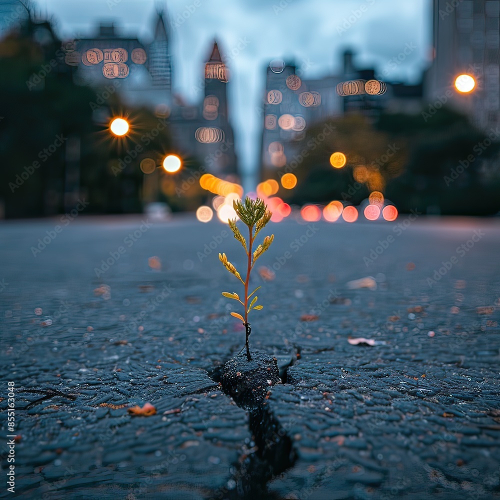 A small plant is pushing its way through a break in the ground A small plant is pushing its way through a break in the ground