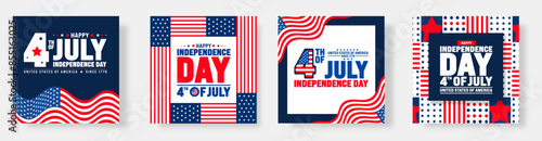 4th of July happy independence day social media post banner or background design template set with calligraphy text and USA flag. United States of America Independence Day banner Celebration.