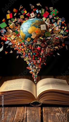 Imagine an open book with a globe made of flags emerging from its pages