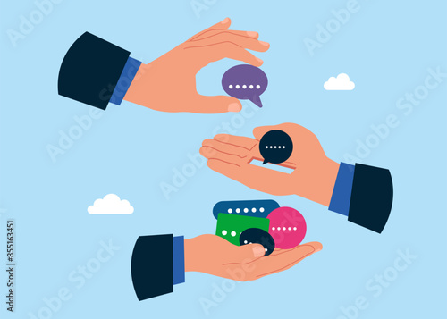 Three arm give next speech bubble. Communication, employee survey or customer suggestion. Modern vector illustration in flat style