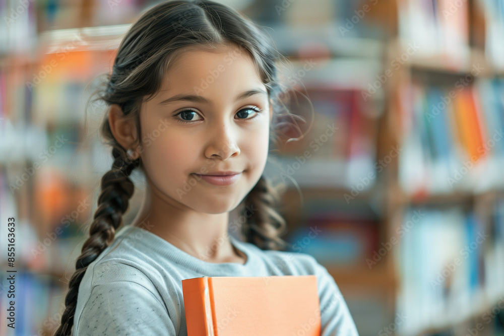 Young girl with long hair holding a book in a library Young girl with long hair holding a book in a library