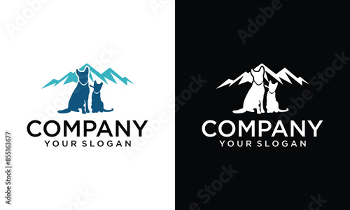 Canvas Print Vector Illustration of pet dog and cat and landscape background of mountains, lakes, pine trees, cypresses