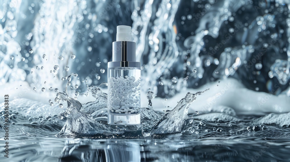 A face primer bottle set against a background of cascading water, with droplets suspended in the air around the bottle, highlighting the product's hydrating qualities. A face primer bottle set against a background of cascading water, with droplets suspended in the air around the bottle, highlighting the product's hydrating qualities.