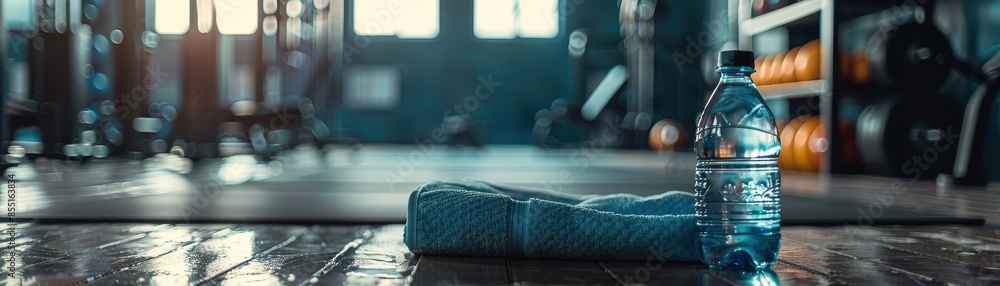 Gym setting with a water bottle and towel Gym setting with a water bottle and towel
