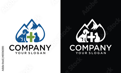 Vector Illustration of pet dog and cat and landscape background of mountains, lakes, pine trees, cypresses. Can be used as a pet shop