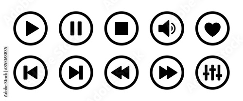 Music player icon set with play, pause, next, previous like and settings symbol in black and white color stroke style. Media Player Buttons icon set, Play and pause buttons sign, Video Audio Player.