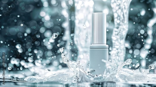 A face primer bottle set against a background of cascading water, with droplets suspended in the air around the bottle, highlighting the product's hydrating qualities. photo