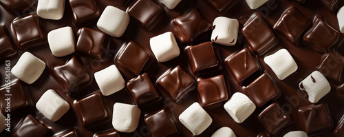 Chocolate background with glossy, chocolate-coated marshmallows.