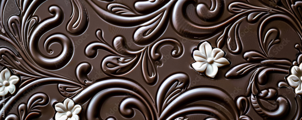 Chocolate background with intricate, white chocolate lace designs on a dark chocolate base. Chocolate background with intricate, white chocolate lace designs on a dark chocolate base.