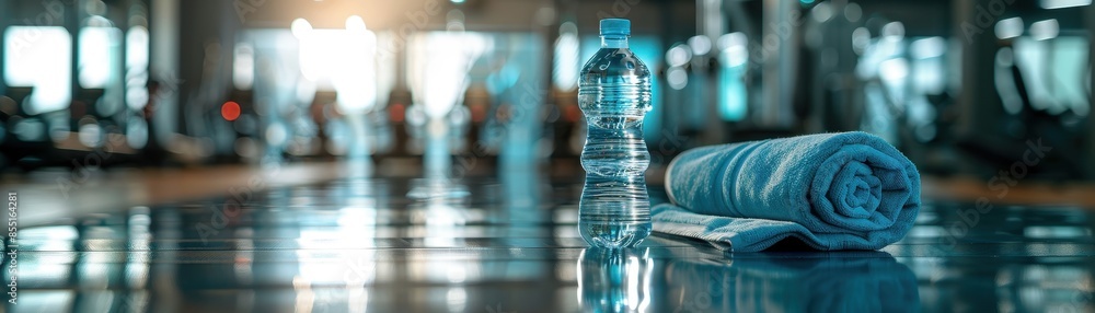 Gym setting with a water bottle and towel Gym setting with a water bottle and towel