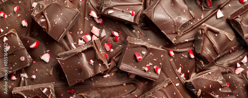 Chocolate background with rustic, chocolate bark with peppermint pieces.