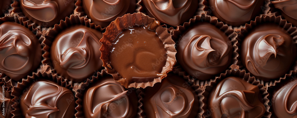 Chocolate background with smooth, chocolate praline filling inside a shell. Chocolate background with smooth, chocolate praline filling inside a shell.