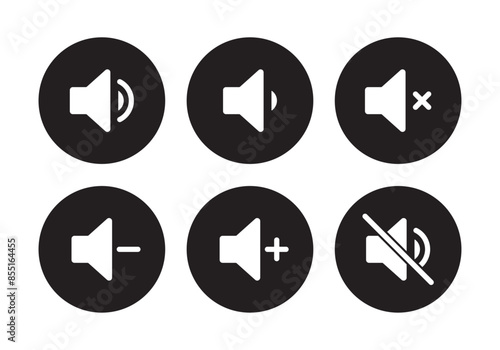 Speaker icon set with ring, mute, 50% volume, silent, increase and decrease symbol in circle in black white color