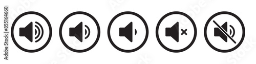 Speaker icon set with ring, mute, 50% volume and silent for smartphone user interface stroke style in black color. Sound volume icons set with different signal levels on white background. Sound icon