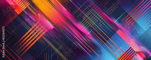 Geometric background with vibrant, digital glitch patterns in neon colors.