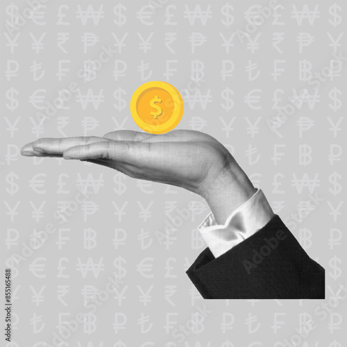 Halftone collage with a hand holding a dollar coin. Trendy business banner. Finance poster for social media. Vector illustration.